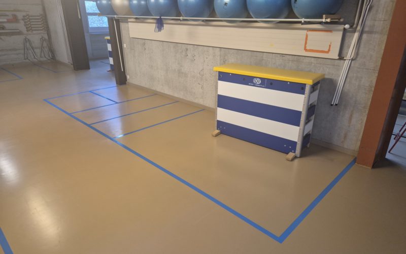 Zones de rangement marquées en bleu au sol d'un local à engins de gymnastique